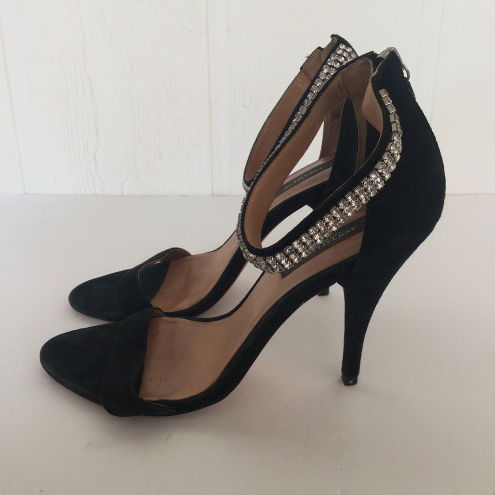 ANN TAYLOR BLACK SUEDE CRYSTAL STRAP HEELS SIZE 8.5